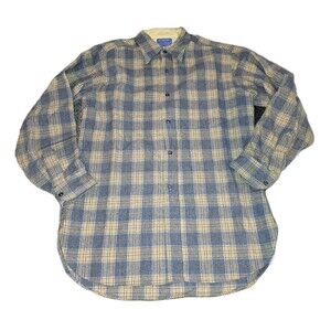 PENDLETON Sz L VINTAGE Tan Blue Plaid Buffalo 100% Wool 70's Button Up L/S Shirt